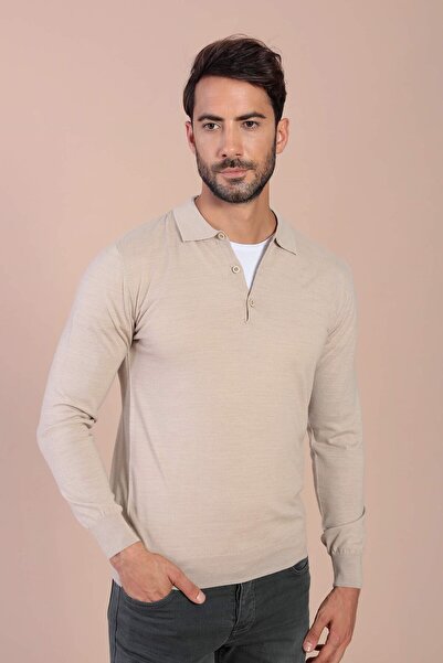 Ferraro Polo Yaka Superfine Yün Kazak - Taş