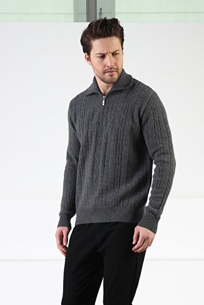 Ferraro سترة رجالية بنمط محبوك مدخن بياقة واقفة 100% من صوف الخروف