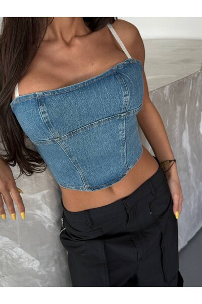 HerTon Denim Korsaj Görünümlü Askılı Büstiyer – Mavi