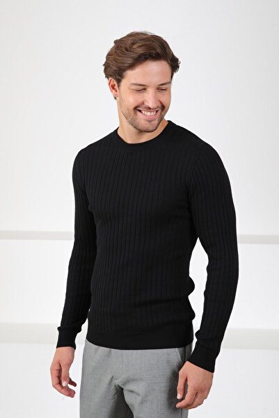 Ferraro سترة رجالية سوداء ذات ياقة دائرية من القطن المضلع