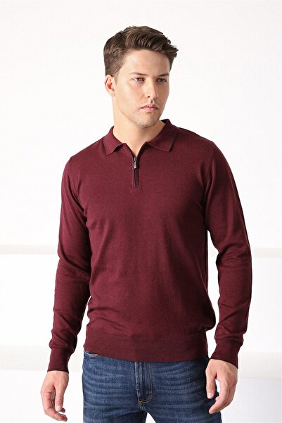 Ferraro Бургунди поло с цип мъжки памучен пуловер