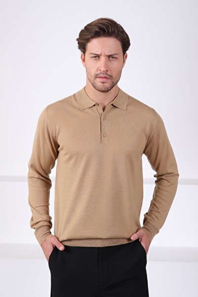 Ferraro Camel Polo Collar Superfine Men's Knitwear Sweater