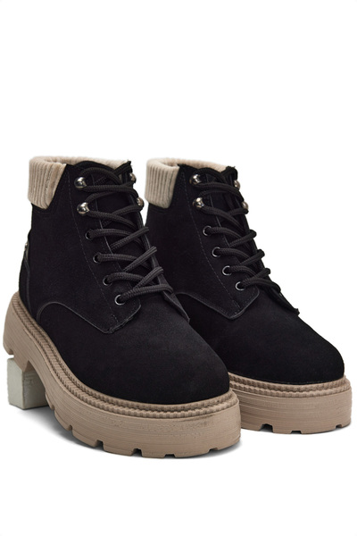 Tonny Black Дамски черни велурени дамски удобни къси велурени ботуши с връзки