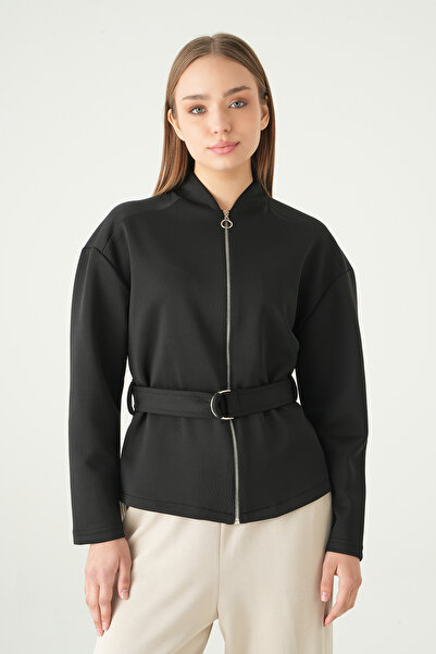 Rays 3075A Waist-Tied Zippered Cardigan Black