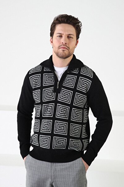 Ferraro Siyah Kare Desenli Dik Yaka %100 Kuzu Yünü Erkek Kazak