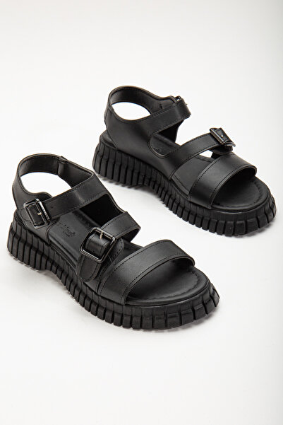 Tonny Black Sandale de damă negre cu cataramă dublă cu o singură curea din po...