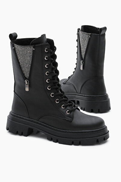 Tonny Black Kadın Siyah Cilt Termo Taban Yanı Taşlı Detaylı Bağcıklı ve Fermu...