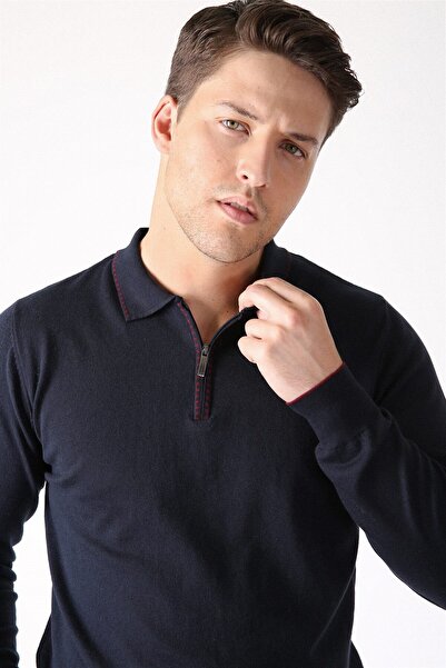 Ferraro Lacivert Polo Yaka Fermuarlı Erkek Pamuk Kazak