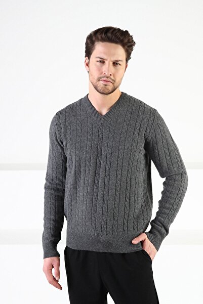Ferraro Pulover pentru bărbați, 100% lână de miel, cu decolteu în V, afumat