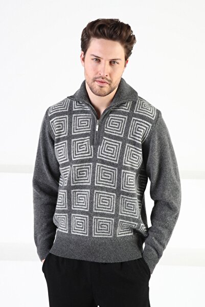 Ferraro Smoked Square Patterned Stand Collar 100% Lamb Wool Men's Sweater