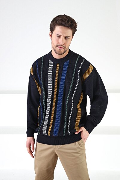 Ferraro سترة رجالية من الصوف برقبة دائرية باللون الأزرق الداكن