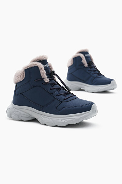 Tonny Black Çocuk Unisex Lacivert Faylon Taban İçi Kürklü Lastik Bağcıklı Bot