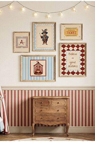 leilart Retro Sirk Temalı 5'li Çerçeveli Tablo Seti - Çocuk ve Bebek Odası Du...