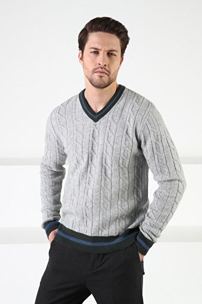 Ferraro A.Grey/Khaki V-Neck 100% Lamb Wool Men's Sweater
