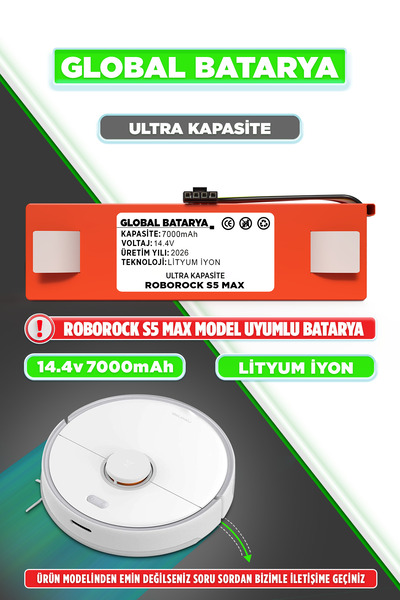 GLOBAL BATARYA Roborock S5 Max Uyumlu Akıllı Robot Süpürge Bataryası 14.4V 70...