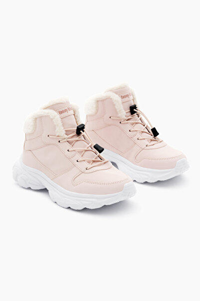 Tonny Black Çocuk Unisex Pudra Faylon Taban İçi Kürklü Lastik Bağcıklı Bot