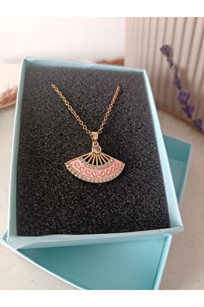 NAS fashion Kadın Çelik Zirkon Taşlı Pembe Yelpaze Kolye