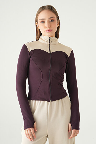 Rays 8325A Front Zipper Cardigan with Stripes, Plum