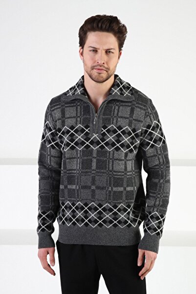 Ferraro Smoked Plaid Stand Collar 100% Lamb Wool Men's Sweater