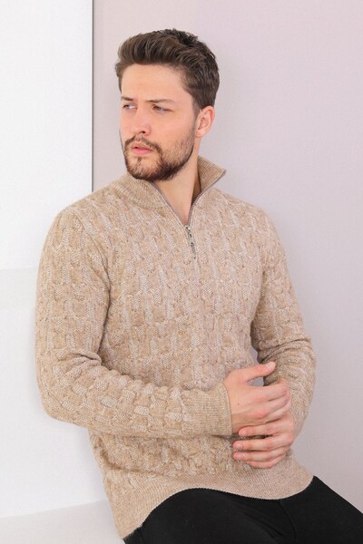 Ferraro Camel High Collar Men's Knitwear Sweater