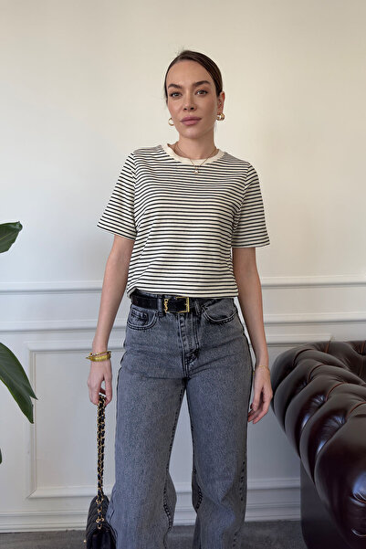 MAGARDE Памучна раирана тениска с къс ръкав - ЧЕРНА