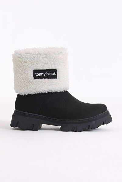 Tonny Black Cizme pentru fete din piele întoarsă neagră captusite cu blana