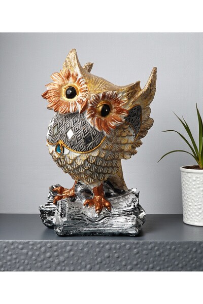 e-life shop Lüks Motif İşlemeli Aynalı Baykuş Heykeli 21 cm Şans Getiren Reçi...