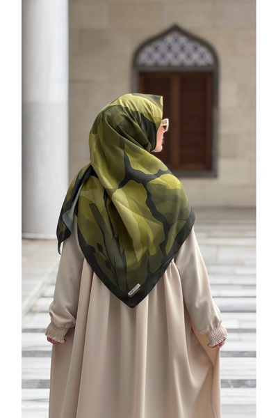 Ahivera Menekşe Haki Desenli Soft Pamuk Büyük Boy Eşarp 120 x 120