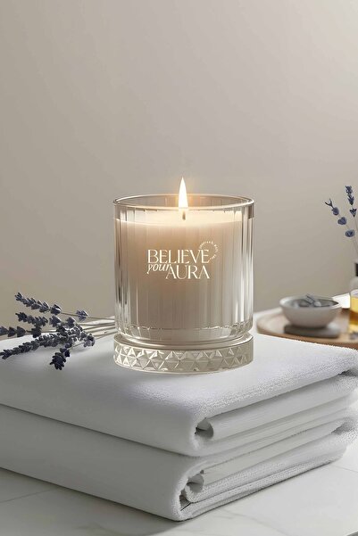 Believe Your Aura Vanilya Kokulu Bardak Mum - %100 Doğal Soya Mumu Kristal Ba...