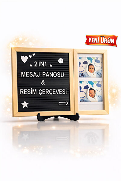 fikirstore 2in1 Ahşap Mesaj Panosu ve Resim Çerçevesi Tek Parça Siyah Zemin B...