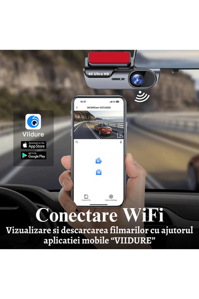 MOGODA Cameră auto inteligentă 4K WiFi, înregistrare 170°, rezoluție 4K UHD 3840x2160, vedere nocturnă, senzor G.