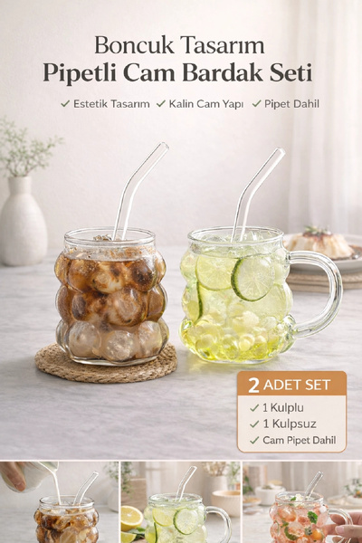 Berdina Home 2li Boncuklu Pipetli Cam Bardak Üzüm Tanesi 350 ml. Kulplu Kulps...