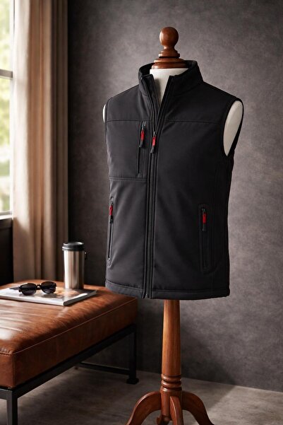 Vatan Tekstil High Collar Slim Fit 3-Pocket Softshell Men's Vest Water-Repell...