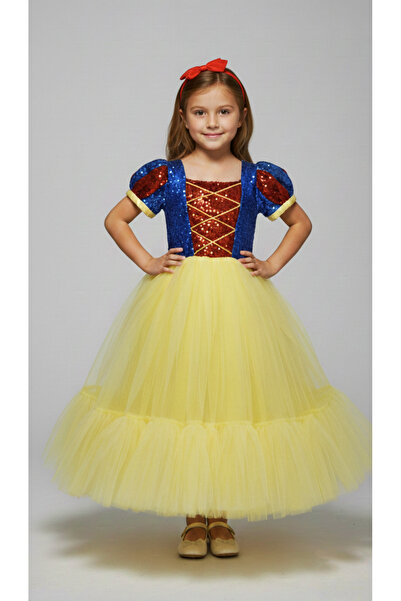 Seplin Fashion Pamuk prenses kostümü Sarı tüllü elbise tütülü elbise pul paye...