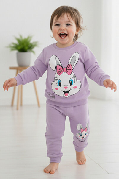 voyyo kids baby طقم سويت شيرت علوي وسفلي بأكمام طويلة ومطبوع على شكل أرنب لطي...