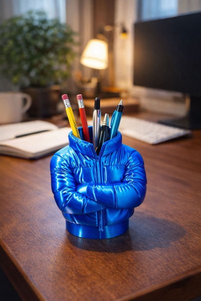 Store 3D Pen Holder with Inflatable Coat Figure, Blue Glossy