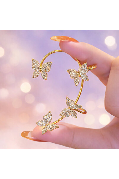Aksesdunya Kelebek Model Gold Renk Premium Deliksiz Tam Kulak Earcuff Taşlı K...