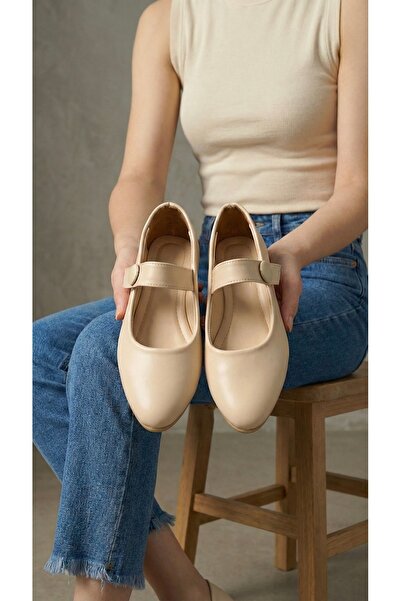 Beyond Balerini de damă din piele crem cu cataramă din cauciuc 1,5 cm BYNDİMJ03