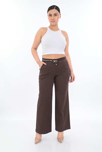 EXİTLİNE Women's Brown Seasonal Stoned Lace-Up Elastic Loose Trousers