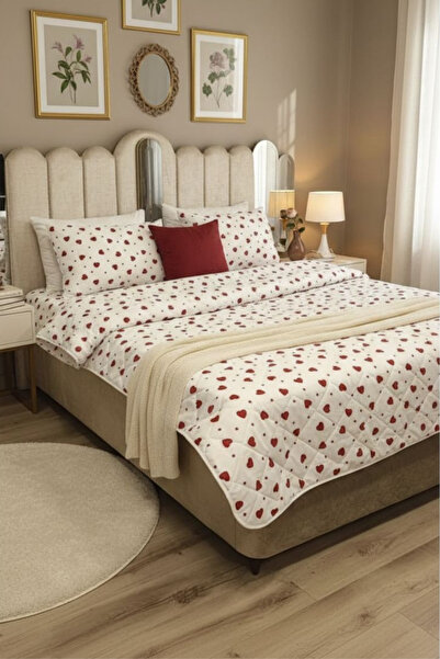 incila home Çift Kişilik Çok Amaçlı Kırmızı Kalp Desenli Kapitoneli Pike Takımı