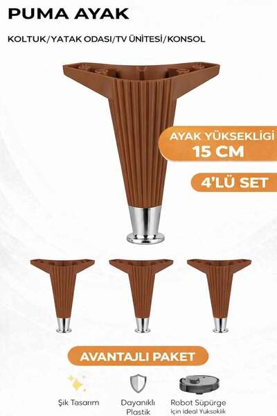 İMT AKSESUAR Puma 15 Cm 4 Adet Ceviz-Krom Robot Süpürge Uyumlu Mobilya Kanepe...