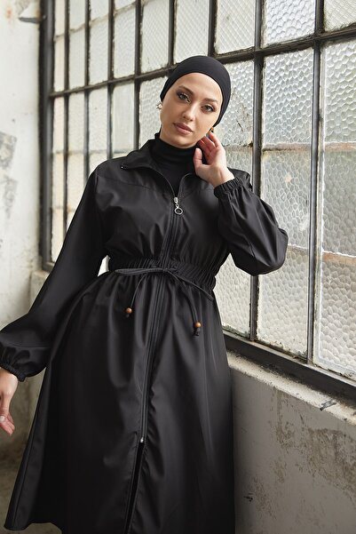Esre Store Bel Büzgülü Tesettür Trençkot Siyah
