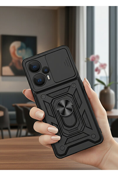 Hatreds Xiaomi Poco F5 Kılıf Magnetik Standlı Sürgülü Kamera Korumalı TPU Tan...