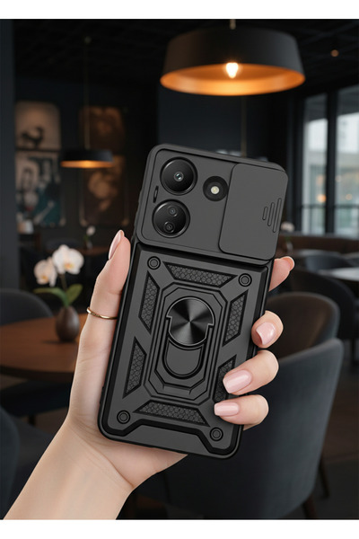 Hatreds Xiaomi Poco C65 Kılıf Magnetik Standlı Sürgülü Kamera Korumalı TPU Ta...