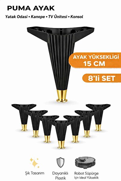 İMT AKSESUAR Puma 15 Cm Siyah-Altın (8 Adet) Robot Süpürge Uyumlu Mobilya Kan...