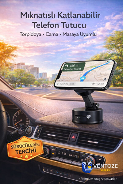 Ventoze Katlanabilir Mıknatıslı Araç Telefon Tutucu | Torpido ve Cam Uyumlu 3...