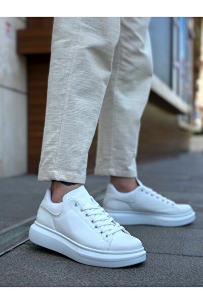 BOA BA0547 Kalın Yüksek Taban Beyaz Bağcıklı Spor Erkek Ayakkabı