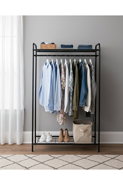 Metaliz Metal Elbise Askılığı & Ayakkabılık – Taşınabilir Giyim Organizeri-Raflı