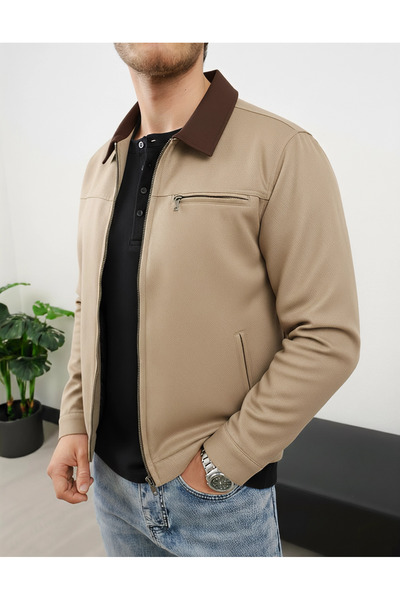 A&O Style Erkek Krem Regular Yaka detaylı gabardin Ceket