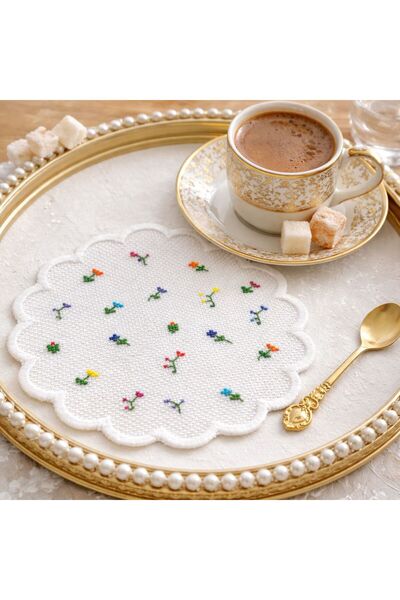 MİLE CONCEPT Çiçek Desen Etamin İşlemeli Keten Kumaş Kahve Yanı Kokteyl Sunum...